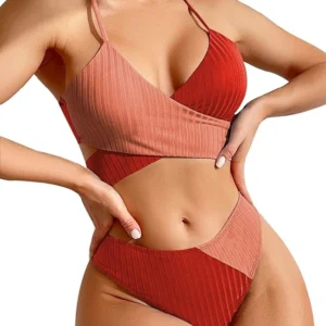 Red Cross Two-Piece Deep V-Neck Swimsuit with Tummy Control