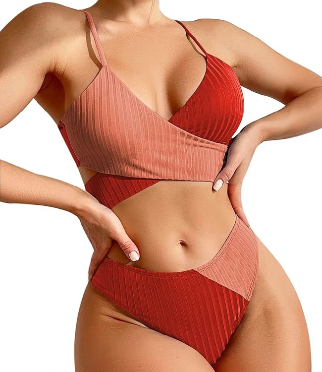Red Cross Two-Piece Deep V-Neck Swimsuit with Tummy Control