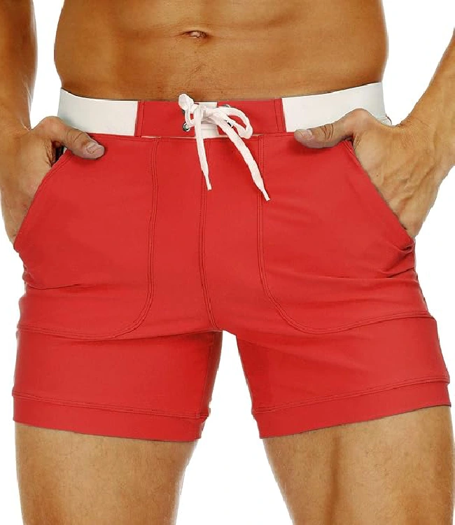 Red Quick-Dry Board Shorts with Mesh Lining & Pockets - Image 2