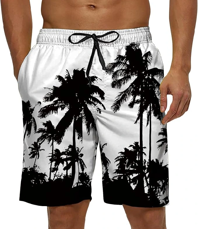 Black White Board Shorts with Mesh Lining, Drawstring & Pockets