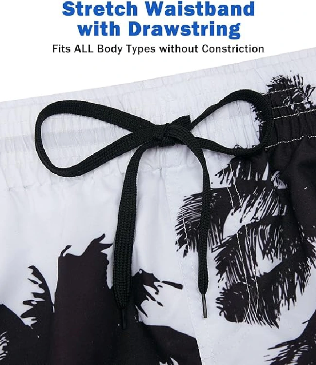 Black White Board Shorts with Mesh Lining, Drawstring & Pockets - Image 3