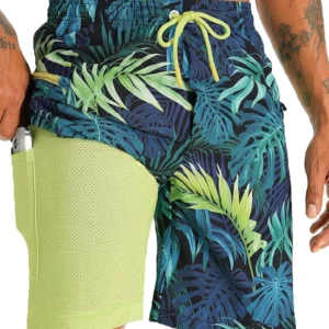 Blue Green Swim Trunks Quick-Dry Swim with Compression Liner & Zip Pocket