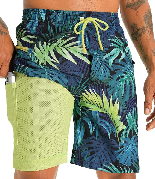Blue Green Swim Trunks Quick-Dry Swim with Compression Liner & Zip Pocket