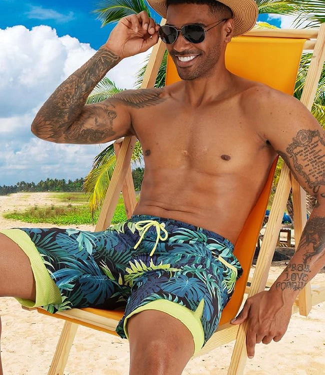 Blue Green Swim Trunks Quick-Dry Swim with Compression Liner & Zip Pocket - Image 2