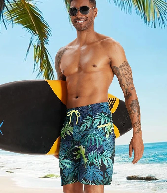 Blue Green Swim Trunks Quick-Dry Swim with Compression Liner & Zip Pocket - Image 3