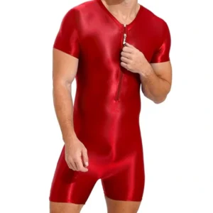 Red Bodysuit Glossy Silky One Piece Smooth Shorts Jumpsuit