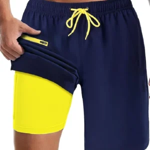 Blue Neon Green Quick Dry Swim Shorts with Compression Liner & Pockets