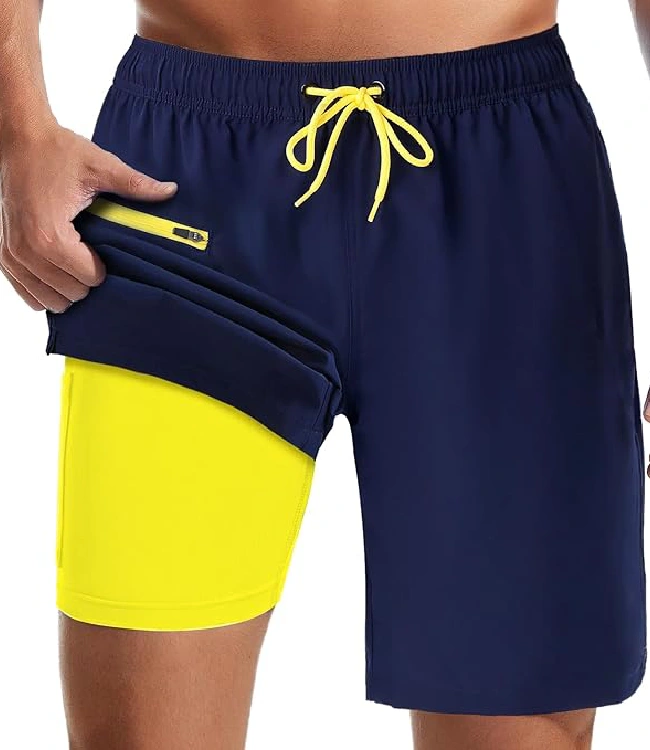 Blue Neon Green Quick Dry Swim Shorts with Compression Liner & Pockets