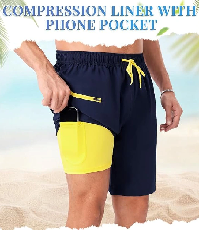 Blue Neon Green Quick Dry Swim Shorts with Compression Liner & Pockets - Image 2